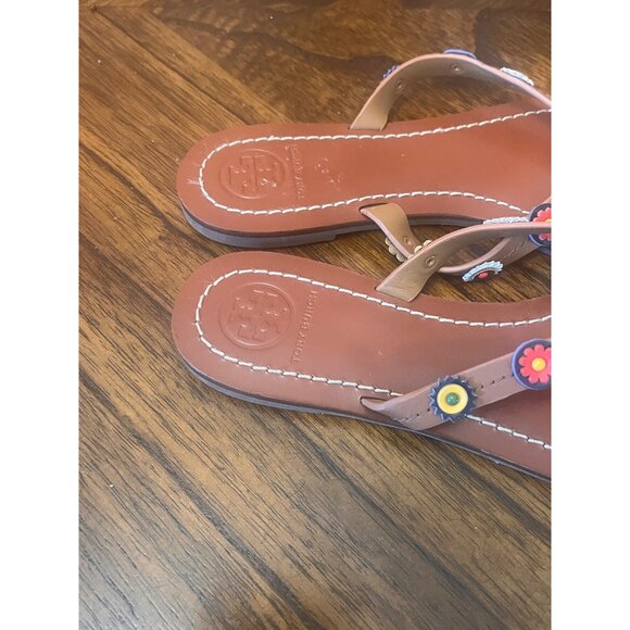 TORY BURCH Margierite Leather Flower Accents Flip Flop  Flat Thongs Sandals sz 6 - Picture 5 of 8